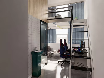 Modern Hotel Room Interior Featuring Loft Style Work Desk Ergonomic Chair and Large Windows 3d model