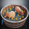 Wooden Bucket With Two Capybaras And Scattered Yellow Fruits As Daily Supplies