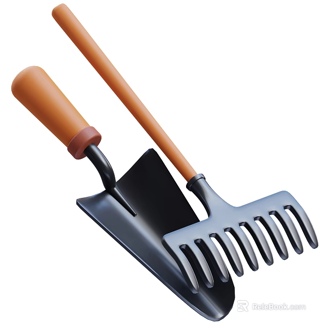Essential Agricultural Equipment Shovel and Rake with Orange Handle and Black Metal 3d model 