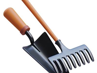 Essential Agricultural Equipment Shovel and Rake with Orange Handle and Black Metal 3d model