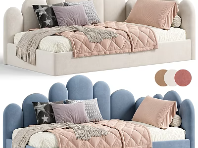 Cute Kids Bed With Curved Headboard Soft Pillows Warm Blanket And Color Options 3d model
