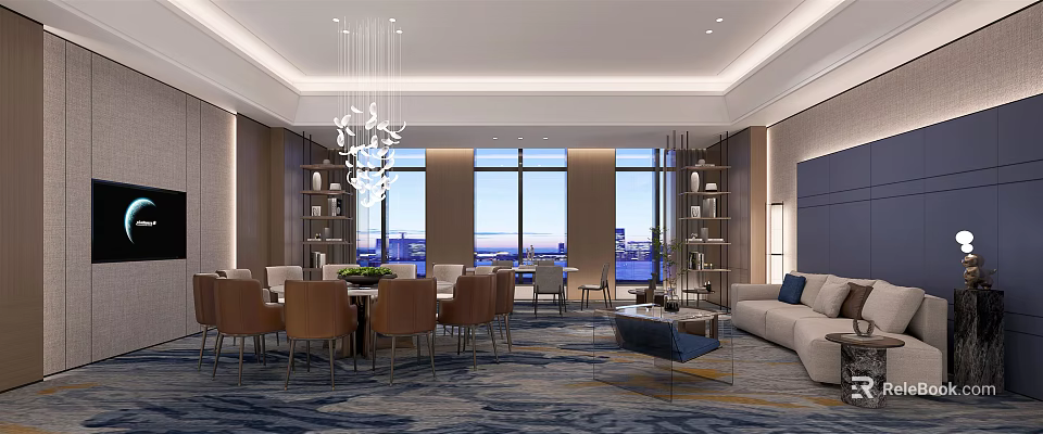 Luxurious Private Box Interior With Dining Table Chairs Chandelier And Large Windows 3d model