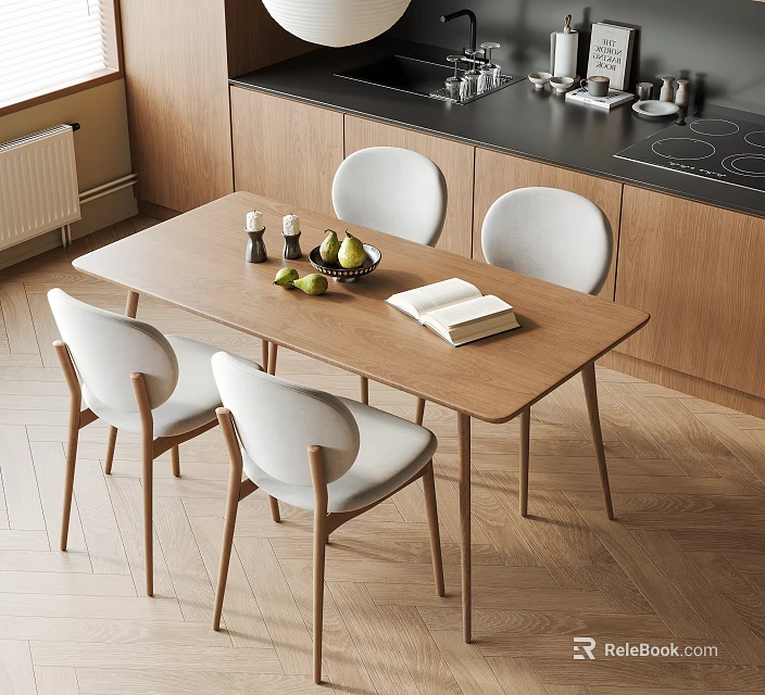 Modern Dining Table And Chairs Set In Kitchen With Wooden Top And White Seats 3d model 
