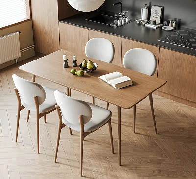 Modern Dining Table And Chairs Set In Kitchen With Wooden Top And White Seats 3d model
