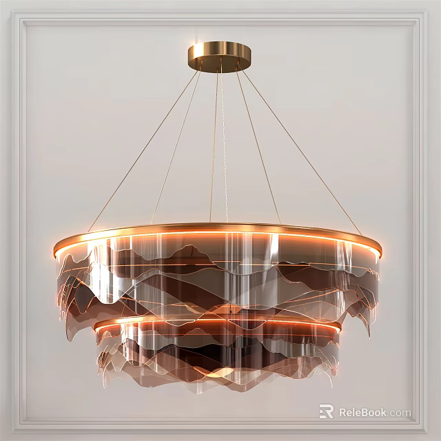 Modern Multi layered Transparent Acrylic Chandelier With Golden Hanging Wires And Warm Light Design 3d model 