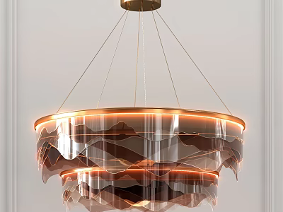 Modern Multi layered Transparent Acrylic Chandelier With Golden Hanging Wires And Warm Light Design 3d model