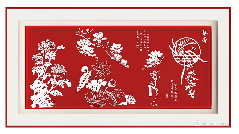 Chinese Paper Cutting Silhouette Art With Red Background Floral Birds And Calligraphy 3d model 