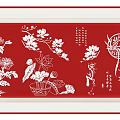 Chinese Paper Cutting Silhouette Art With Red Background Floral Birds And Calligraphy