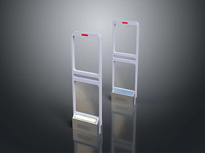 White Frame Security Gates With Red Indicator Lights And Blue Base 3d model