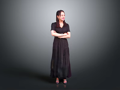A Woman in Black Long Dress Standing with Arms Crossed Against Gray Background 3d model