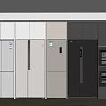 Modern Refrigerators and Freezers Arranged in White Silver Black Colors for Kitchen