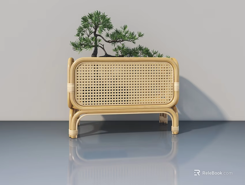 Modern Rattan Pet Cabinet With Wicker Design And Small Green Plant 3d model 