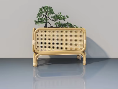 Modern Rattan Pet Cabinet With Wicker Design And Small Green Plant 3d model