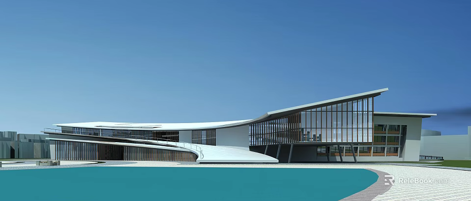 Modern Architectural Exterior With Curved White Roof And Glass Facade Over Blue Water 3d model 