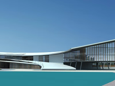 Modern Architectural Exterior With Curved White Roof And Glass Facade Over Blue Water 3d model