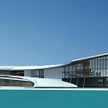 Modern Architectural Exterior With Curved White Roof And Glass Facade Over Blue Water