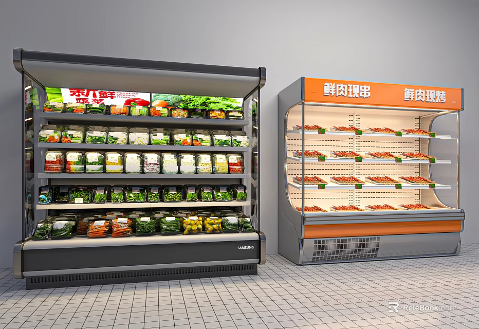 Commercial Refrigerators and Freezers Displaying Fresh Vegetables Fruits and Meat 3d model 