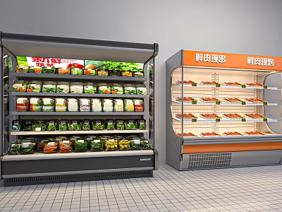 Commercial Refrigerators and Freezers Displaying Fresh Vegetables Fruits and Meat 3d model