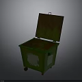 Building Exterior Green Rusty Trash Can With Open Lid White Sticker And Wheels