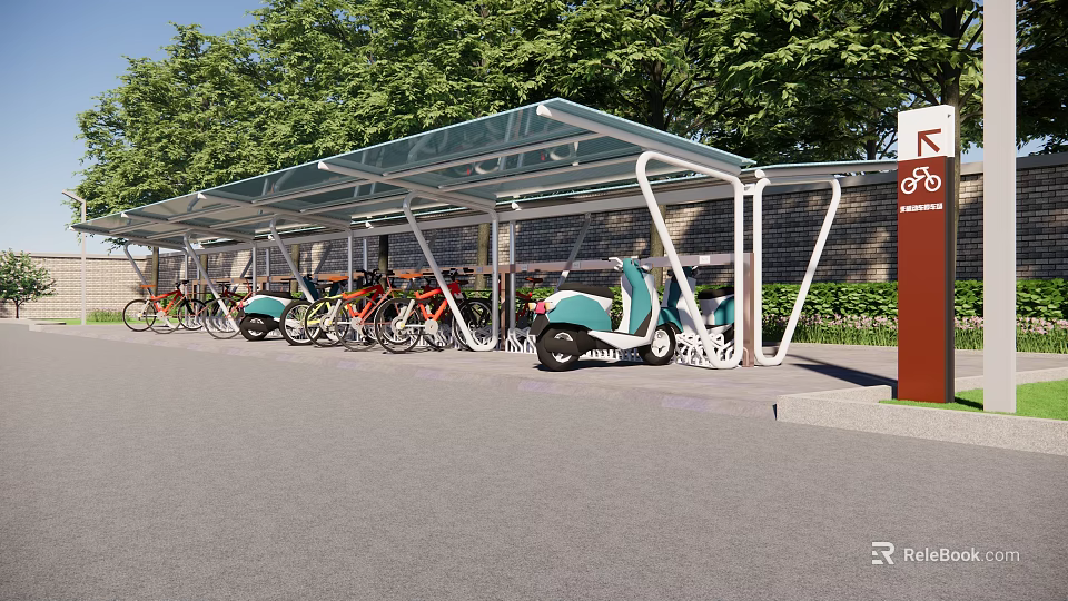 Bicycle And Scooter Parking Shelter With Green Trees And Signage 3d model 