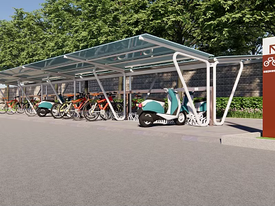 Bicycle And Scooter Parking Shelter With Green Trees And Signage 3d model