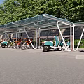 Bicycle And Scooter Parking Shelter With Green Trees And Signage