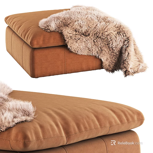 Brown Velvet Stool with Fuzzy Blanket on Top and Soft Cushioned Surface 3d model 