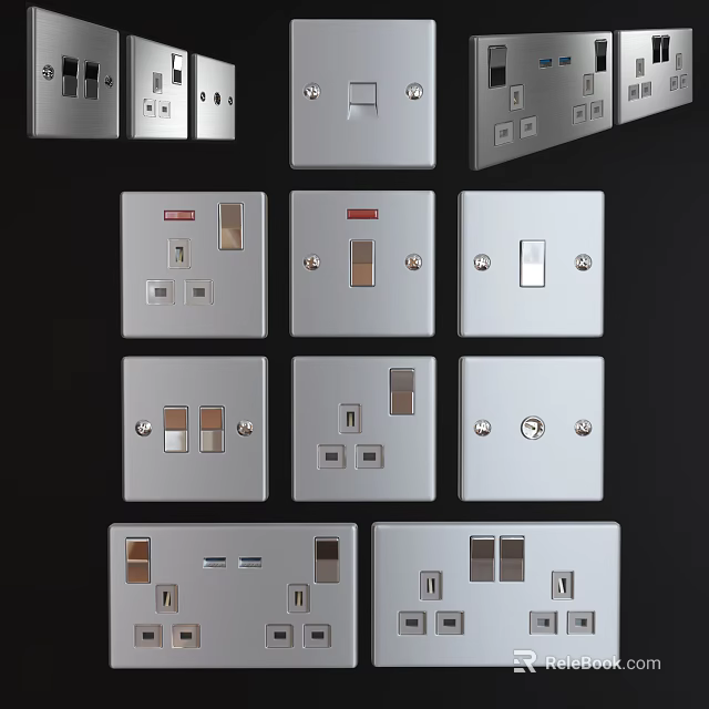 Modern Silver Switch Panels With Multiple Sockets USB Ports And Controls 3d model 
