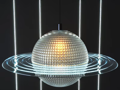 Spherical Illuminated Chandelier With Grid Patterned Surface And Circular Ring Base Against Black Background 3d model