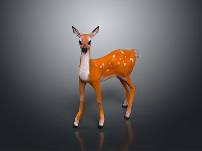 Cute Fawn With Orange Body White Belly And Spots Standing On Dark Background With Reflection 3d model