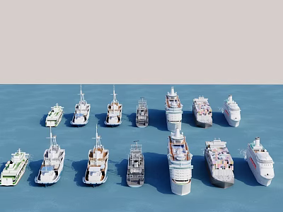 Various Types of Ships Including Yachts Cruise Liners and Cargo Vessels on Blue Water 3d model