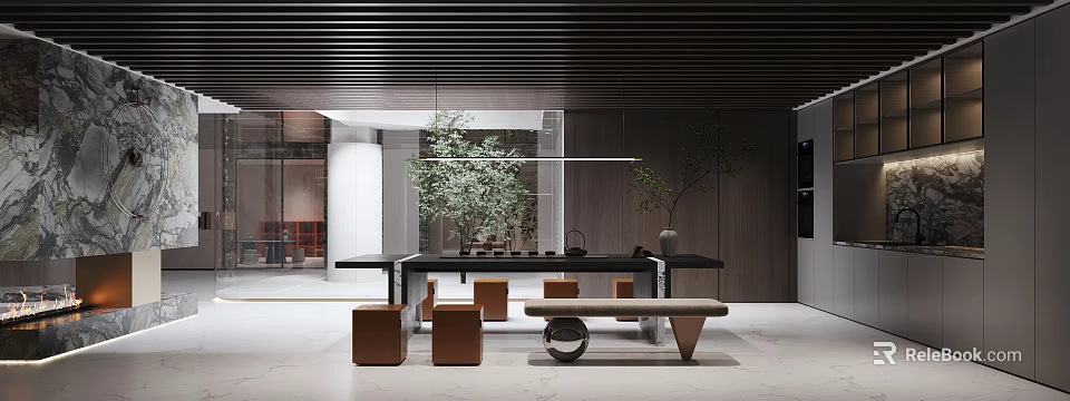 Modern Tea Room Interior With Wooden Table Traditional Teaware And Green Plants 3d model 