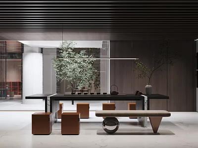 Modern Tea Room Interior With Wooden Table Traditional Teaware And Green Plants 3d model