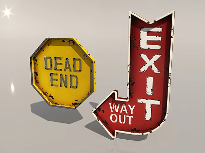 Vintage Wall Decor Featuring Yellow Dead End Octagonal And Red Exit Arrow Signs 3d model