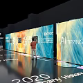 AI Conference Venue With Modern Stage Seating And Digital Background Design