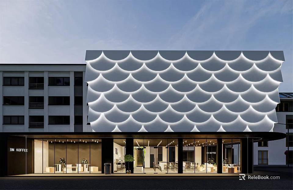 Modern Storefront with White Wavy Pattern Design and Glass Facade for Cafe Restaurant 3d model 