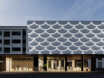 Modern Storefront with White Wavy Pattern Design and Glass Facade for Cafe Restaurant 3d model