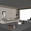 Modern Minimalist Living Room Interior With Beige Sofa Black Armchair And Floor to Ceiling Windows