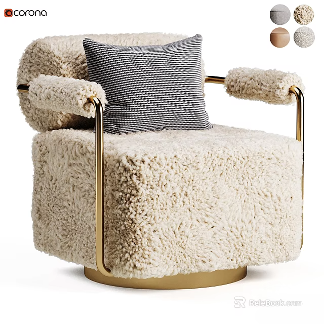 Soft Fluffy Ivory Leisure Chair Featuring Golden Armrests And Striped Pillow 3d model 