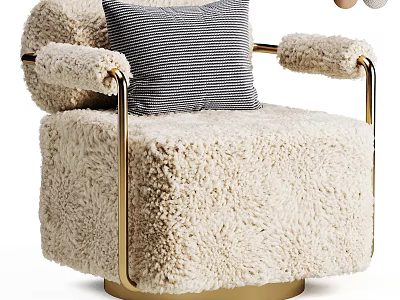 Soft Fluffy Ivory Leisure Chair Featuring Golden Armrests And Striped Pillow 3d model
