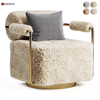 Soft Fluffy Ivory Leisure Chair Featuring Golden Armrests And Striped Pillow 3d model