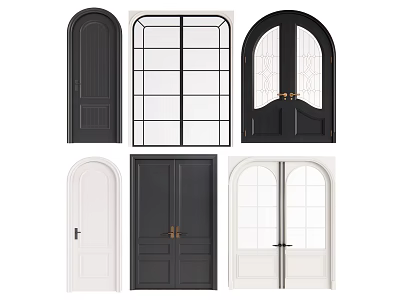 Stylish Double Doors Designs In Black White Featuring Glass Panels And Arched Shapes 3d model