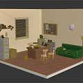 Cartoon Style Room Interior With Yellow Walls Window Blinds Green Sofa Wooden Desk Pink Carpet