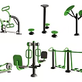 Outdoor Sports Fitness Equipment Set With Green Black Metal Frames Seats And Handles