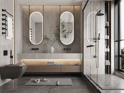 Modern Bathroom Interior Design With Double Mirrors Marble Walls And Shower Area 3d model