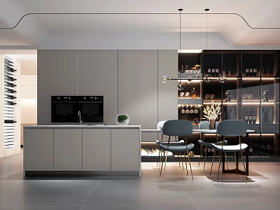 Modern Open Restaurant Kitchen With Gray Cabinets Island Counter Pendant Lights Wine Storage And Dining Chairs 3d model