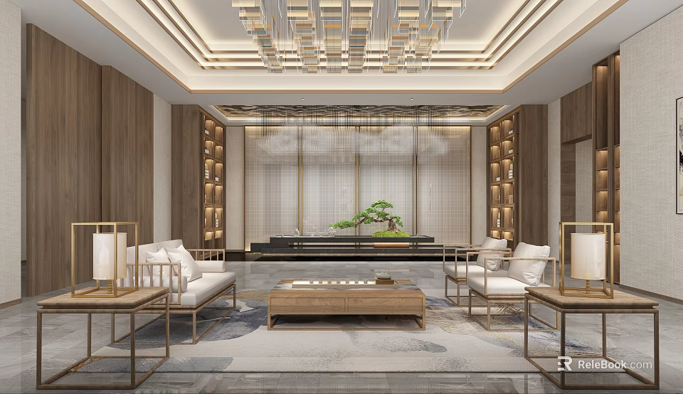 Chinese Style Leisure Area With Wooden Decor Chandelier Sofa Coffee Table And Green Plant 3d model 
