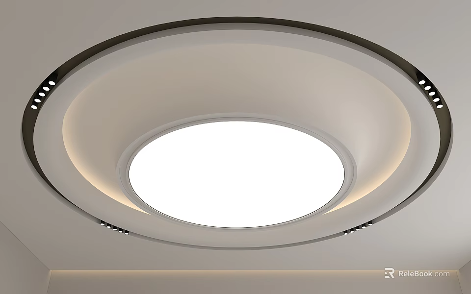 Round Ceiling Design With Circular Main Light And Recessed LED Strip Lighting 3d model 