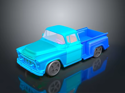 Vintage Blue Toy Truck With Shiny Surface And Reflective Black Background 3d model