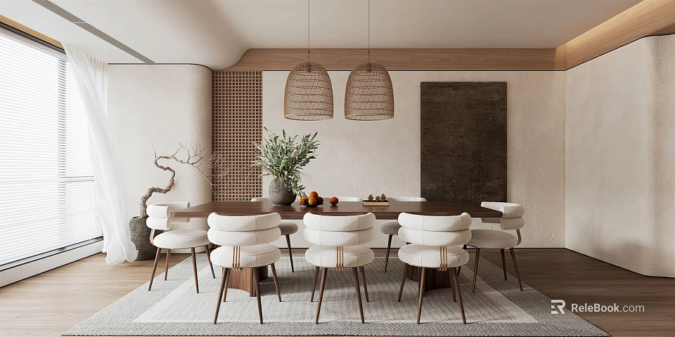 Modern Minimalist Dining Room Interior With Woven Pendant Lights Wooden Table And White Chairs 3d model 